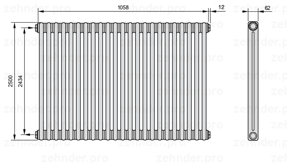 Схема (чертеж) Радиатор Zehnder Charleston 2250/23 №1270 Белый глянцевый RAL 9016